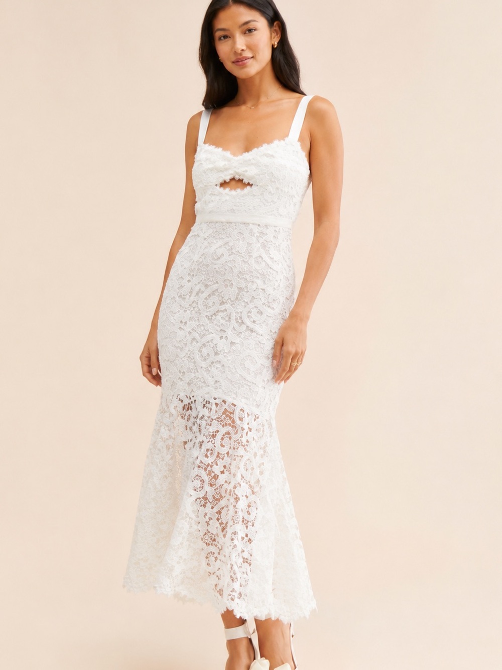 SAYLOR Lace Mermaid Midi Dress Ivory Cutout Sleeveless Size S